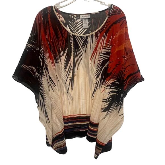 Catherine's Kaftan Cape Top Womens Size 0X/1X Black Rust Cream Tropical Poncho - Picture 1 of 7